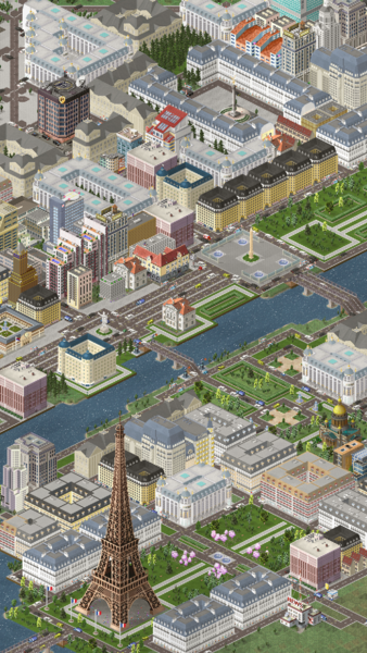 From bottom to top: Tour Eiffel, Champ de Mars, Les Invalids, Grand Palais et Petit Palais, Place de la Concorde, Jardin des Tuileries and Place Vendôme.
