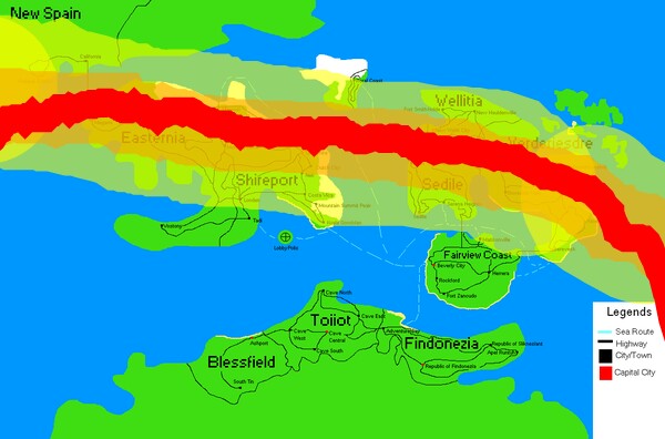 Red: Total Eclipse<br />Orange: Partial Eclipse<br />Yellow: the moon will pass to one side of the sun