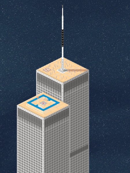 Update 1 : roof detailing. Fixed the anti - suicide fence on the south towers observation deck, added the decks stairs, and touched up the helicoper landing pad. Adden north tower helipad