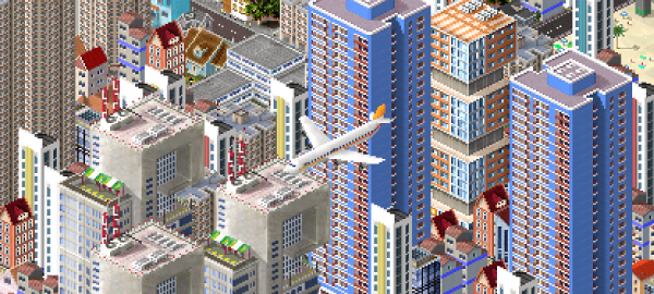 An airplane above the buildings in Packurostadt